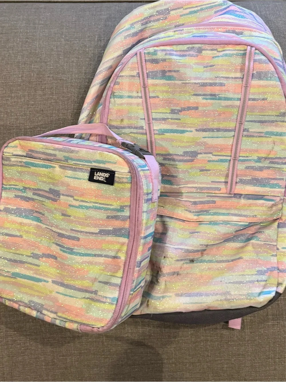 Lands' End Pastel Stripe Kids Backpack & Lunch Bag - Pink, Blue, Yellow, Green